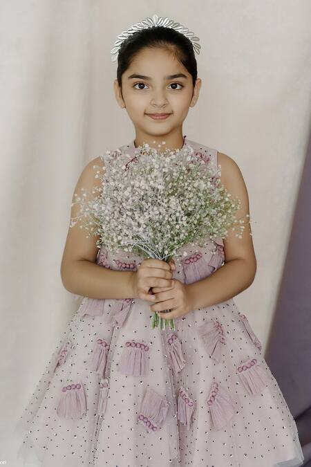 Buy_Swati Golyan_Pink Net Hand Applique Embroidered And Embellished Pleated Panel Dress  _Online_at_Aza_Fashions