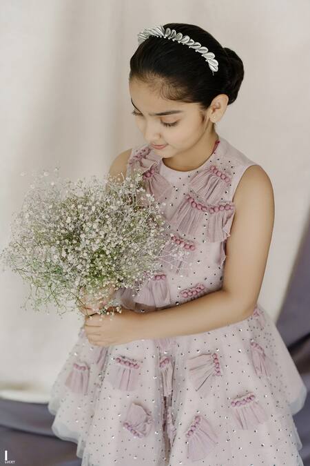 Shop_Swati Golyan_Pink Net Hand Applique Embroidered And Embellished Pleated Panel Dress  _Online_at_Aza_Fashions