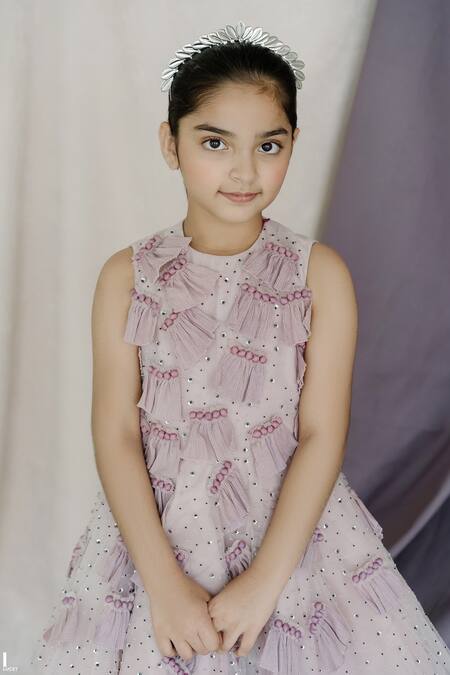 Swati Golyan_Pink Net Hand Applique Embroidered And Embellished Pleated Panel Dress  _at_Aza_Fashions