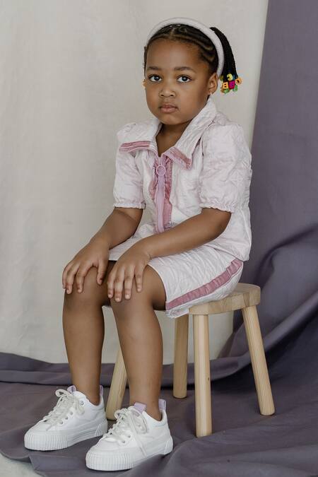 Swati Golyan_Pink Silk, Cotton Embroidery Hand Quilted Top And Skirt Set _Online_at_Aza_Fashions