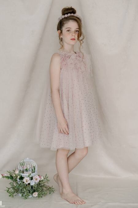 Buy_Swati Golyan_Pink Net Hand Applique Embroidered And Embellished 3d Flowers Tent Dress  