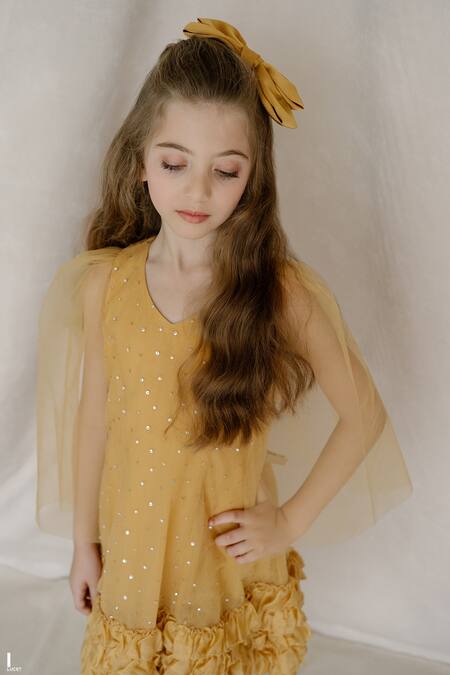 Swati Golyan Yellow Net Embroidery Sequins Cape Sleeves Dress Online at Aza Fashions Swati Golyan_Yellow Net Embroidery Sequins Cape Sleeves Dress _Online_at_Aza_Fashions