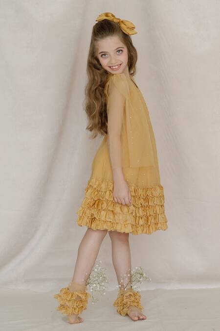 Buy Swati Golyan Yellow Net Embroidery Sequins Cape Sleeves Dress Online at Aza Fashions Buy_Swati Golyan_Yellow Net Embroidery Sequins Cape Sleeves Dress _Online_at_Aza_Fashions