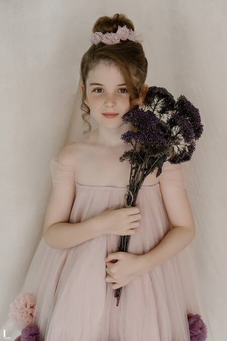 Swati Golyan_Pink Net Hand Applique Embroidered And Embellished 3d Pom-pom Tent Dress  _Online_at_Aza_Fashions