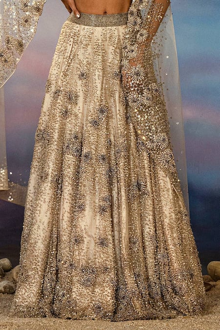 Rohit Gandhi + Rahul Khanna Gold Denim, Crepe, Tulle Crystals, Sequins, Embroidery Floral Lehenga Set Online at Aza Fashions Rohit Gandhi + Rahul Khanna_Gold Denim, Crepe, Tulle Crystals, Sequins, Embroidery Floral Lehenga Set _Online_at_Aza_Fashions