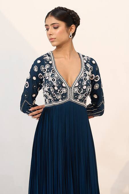 Shop Nayna Kapoor Blue Georgette Sequins, Embroidery Plunge Floral Embellished Bodice Anarkali Online at Aza Fashions Shop_Nayna Kapoor_Blue Georgette Sequins, Embroidery Plunge Floral Embellished Bodice Anarkali_Online_at_Aza_Fashions