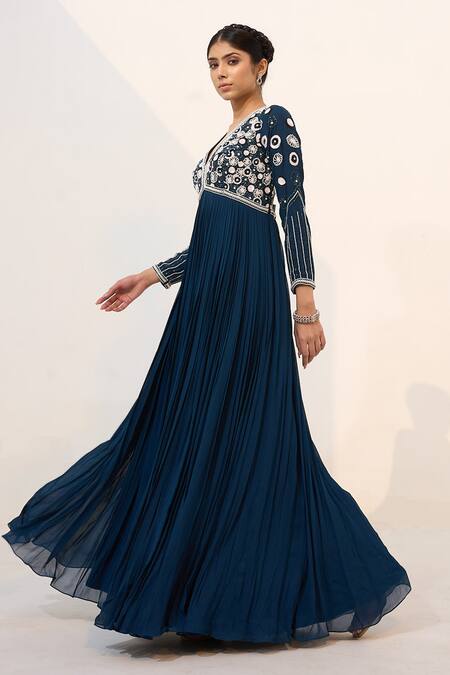 Nayna Kapoor Blue Georgette Sequins, Embroidery Plunge Floral Embellished Bodice Anarkali at Aza Fashions Nayna Kapoor_Blue Georgette Sequins, Embroidery Plunge Floral Embellished Bodice Anarkali_at_Aza_Fashions