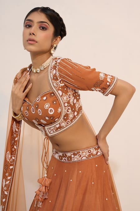 Shop_Nayna Kapoor_Brown Silk Embroidery Floral Sweetheart Neck Dalgona Lehenga Set _Online_at_Aza_Fashions