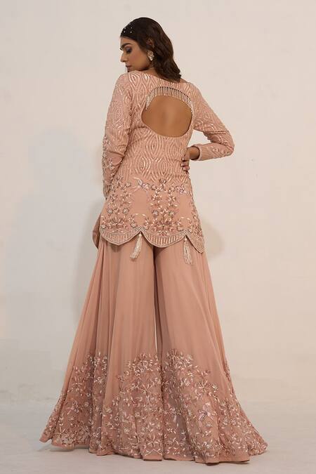 Shop_Nayna Kapoor_Pink Georgette Embroidery Floral Square Neck Kurta With Dupatta  _Online_at_Aza_Fashions