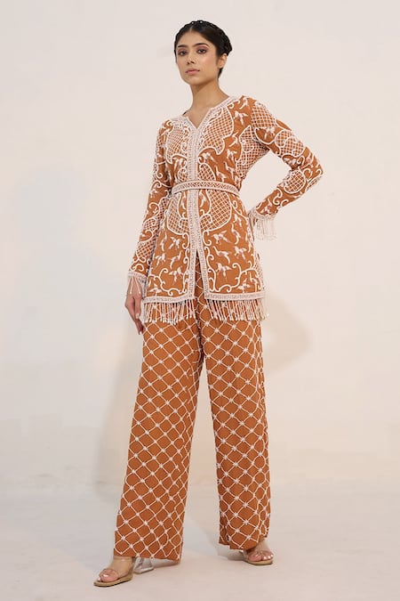 Buy_Nayna Kapoor_Brown Georgette Embroidery Diamond Jaal Notched Neck Birds Tunic And Pant Set _Online_at_Aza_Fashions