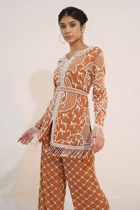 Shop_Nayna Kapoor_Brown Georgette Embroidery Diamond Jaal Notched Neck Birds Tunic And Pant Set _Online_at_Aza_Fashions