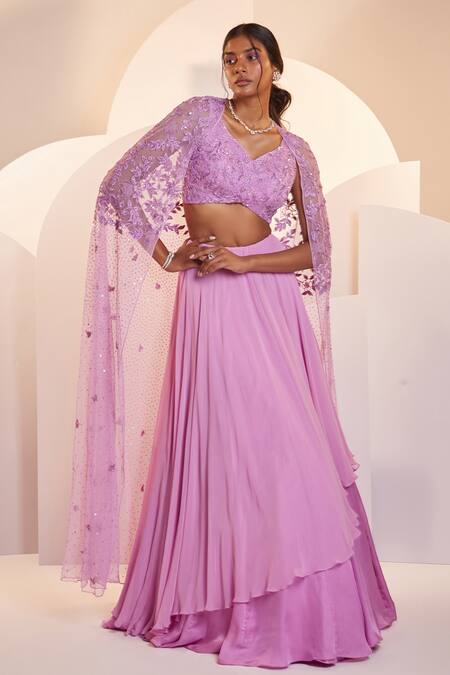Shloka Khialani_Purple Georgette Embellished Floral Cape Open Eve Lehenga Set  _Online_at_Aza_Fashions