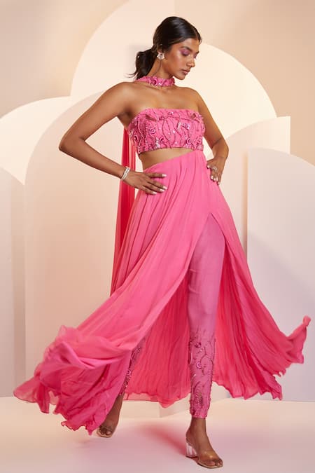 Buy_Shloka Khialani_Pink Georgette Embellished Pearl Straight Selena Cut Out Kurta Set  _Online_at_Aza_Fashions