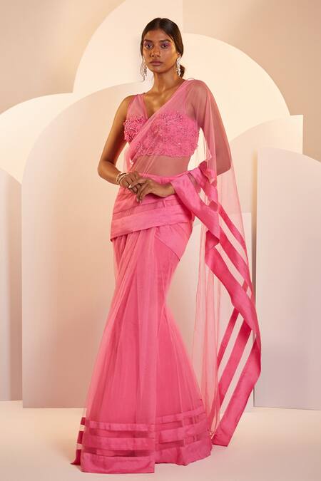Buy Shloka Khialani Pink Silk, Net, Crepe Floral V Neck Claire Pre-draped Saree With Blouse Online at Aza Fashions Buy_Shloka Khialani_Pink Silk, Net, Crepe Floral V Neck Claire Pre-draped Saree With Blouse_Online_at_Aza_Fashions