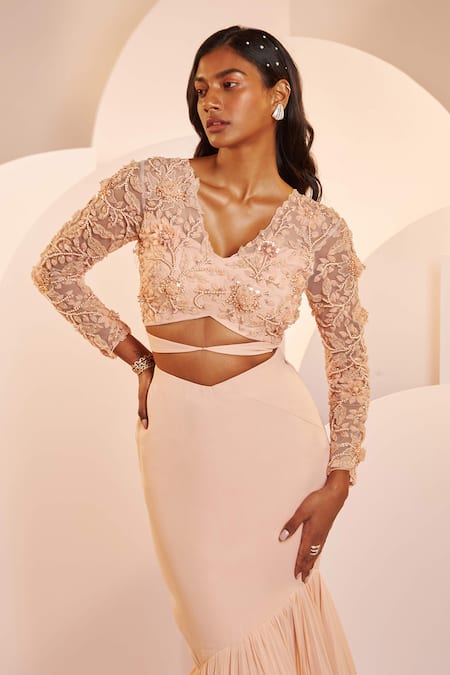 Shop_Shloka Khialani_Peach Georgette Embellished Floral Mindy Fish Tail Skirt And Blouse Set  _Online_at_Aza_Fashions
