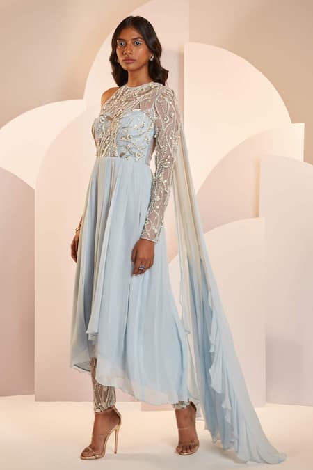 Shloka Khialani_Blue Net, Crepe, Georgette Pearl, Bead Round Sophia Pleated Anarkali And Pant Set_Online_at_Aza_Fashions