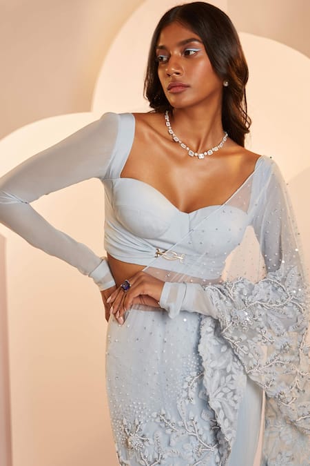 Buy Shloka Khialani Blue Net, Crepe, Georgette Christina Ruffle Pre-draped Saree With Crop Top Online at Aza Fashions Buy_Shloka Khialani_Blue Net, Crepe, Georgette Christina Ruffle Pre-draped Saree With Crop Top _Online_at_Aza_Fashions