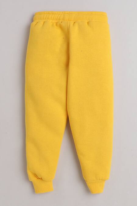 Knitting Doodles_Yellow Fleece Printed Love Thy Self Top And Joggers Set_at_Aza_Fashions