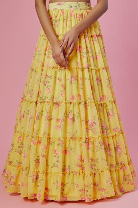 Label Priyanka Kar_Yellow Viscose Georgette Hand Embroidered Beads Floral Print Tiered Lehenga Set _Online_at_Aza_Fashions