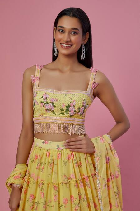 Buy_Label Priyanka Kar_Yellow Viscose Georgette Hand Embroidered Beads Floral Print Tiered Lehenga Set _Online_at_Aza_Fashions