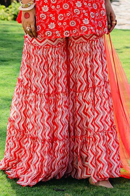 Redpine Designs_Red Viscose, Georgette, Net Embroidery Round Floral Print Kurta And Sharara Set _Online_at_Aza_Fashions