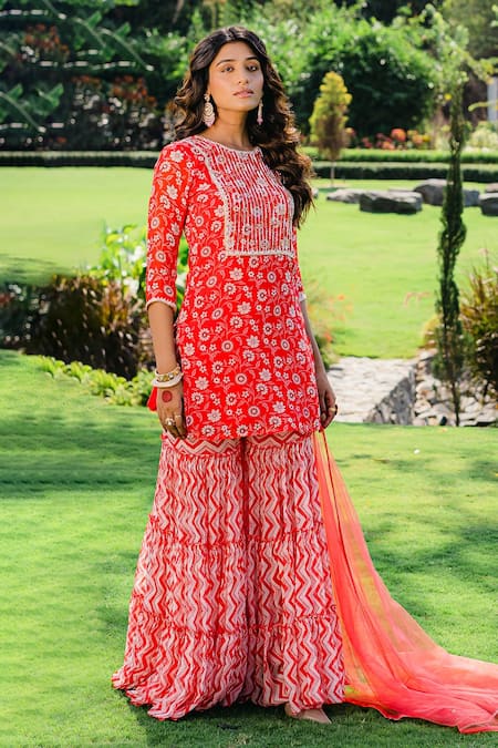 Buy_Redpine Designs_Red Viscose, Georgette, Net Embroidery Round Floral Print Kurta And Sharara Set _Online_at_Aza_Fashions