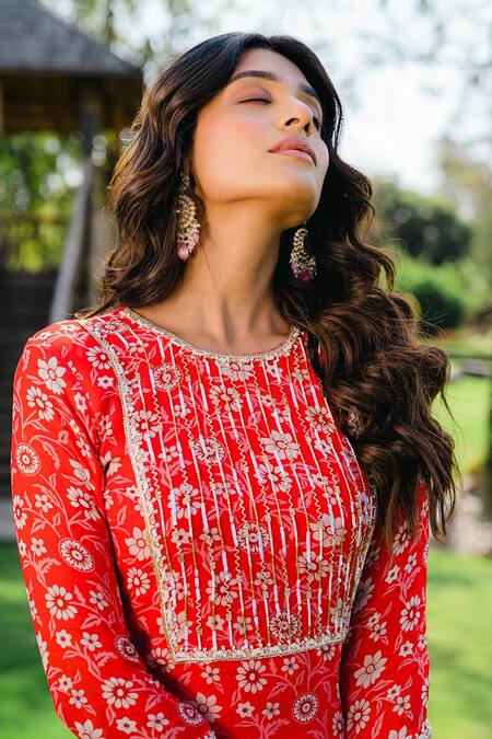 Shop_Redpine Designs_Red Viscose, Georgette, Net Embroidery Round Floral Print Kurta And Sharara Set _Online_at_Aza_Fashions