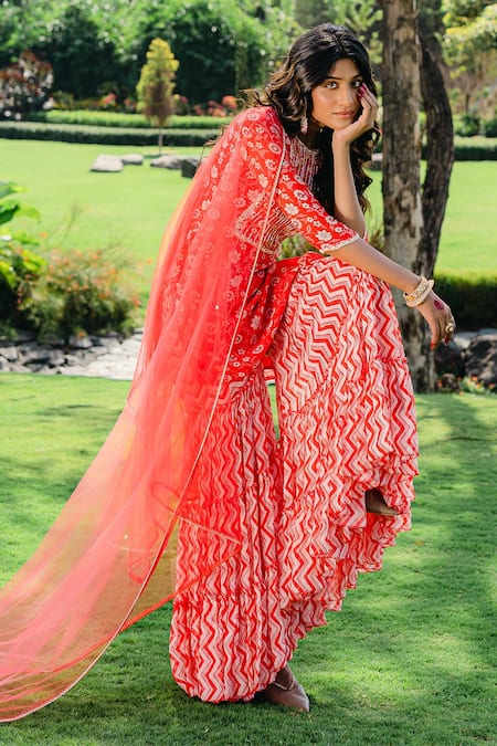 Buy_Redpine Designs_Red Viscose, Georgette, Net Embroidery Round Floral Print Kurta And Sharara Set 