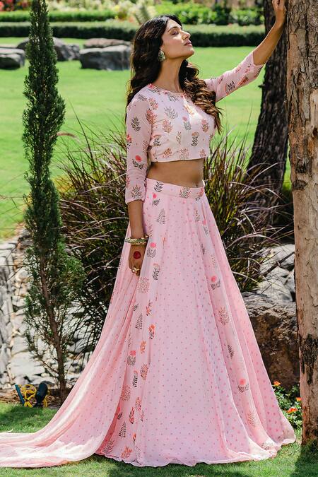 Buy Redpine Designs Pink Viscose, Georgette, Crepe And Floral Print Lehenga Set With Belt Buy_Redpine Designs_Pink Viscose, Georgette, Crepe And Floral Print Lehenga Set With Belt