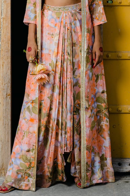 Redpine Designs Peach Silk, Viscose Sequins, Water Splash Floral Print Jacket And Lehenga Set Online at Aza Fashions Redpine Designs_Peach Silk, Viscose Sequins, Water Splash Floral Print Jacket And Lehenga Set _Online_at_Aza_Fashions