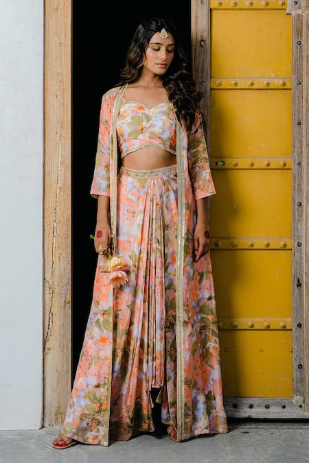 Buy Redpine Designs Peach Silk, Viscose Sequins, Water Splash Floral Print Jacket And Lehenga Set Online at Aza Fashions Buy_Redpine Designs_Peach Silk, Viscose Sequins, Water Splash Floral Print Jacket And Lehenga Set _Online_at_Aza_Fashions