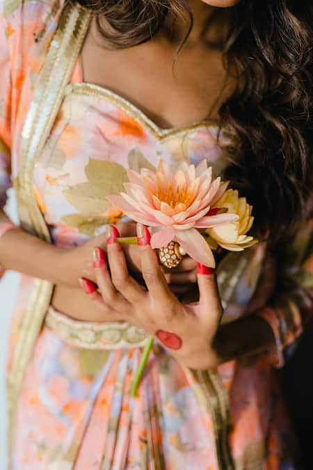 Redpine Designs Peach Silk, Viscose Sequins, Water Splash Floral Print Jacket And Lehenga Set at Aza Fashions Redpine Designs_Peach Silk, Viscose Sequins, Water Splash Floral Print Jacket And Lehenga Set _at_Aza_Fashions