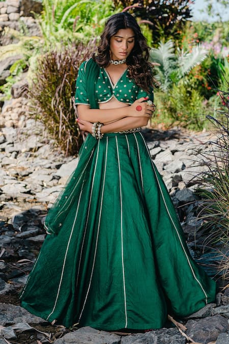 Buy_Redpine Designs_Green Chanderi, Net Cut Work, Sequins, Embroidery Emerald Hand Lehenga Set _Online_at_Aza_Fashions