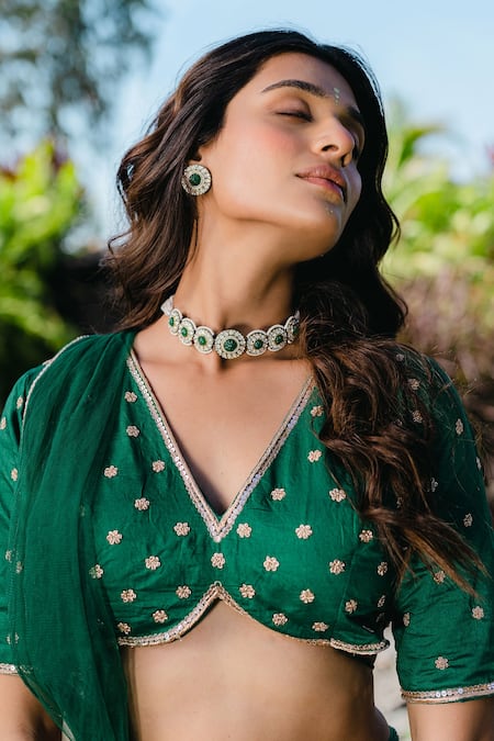 Redpine Designs_Green Chanderi, Net Cut Work, Sequins, Embroidery Emerald Hand Lehenga Set _at_Aza_Fashions