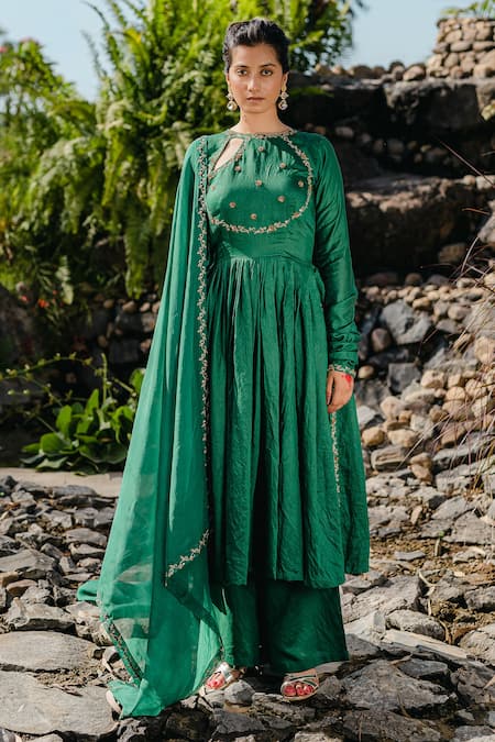 Redpine Designs Green Chanderi, Viscose Zari, Embroidery Round Neck Placement Anarkali Set Online at Aza Fashions Redpine Designs_Green Chanderi, Viscose Zari, Embroidery Round Neck Placement Anarkali Set _Online_at_Aza_Fashions