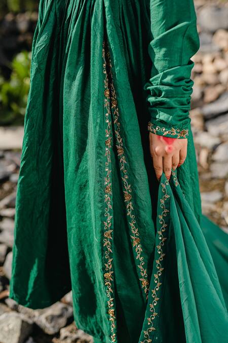 Shop Redpine Designs Green Chanderi, Viscose Zari, Embroidery Round Neck Placement Anarkali Set Online at Aza Fashions Shop_Redpine Designs_Green Chanderi, Viscose Zari, Embroidery Round Neck Placement Anarkali Set _Online_at_Aza_Fashions