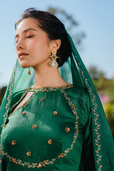 Redpine Designs Green Chanderi, Viscose Zari, Embroidery Round Neck Placement Anarkali Set at Aza Fashions Redpine Designs_Green Chanderi, Viscose Zari, Embroidery Round Neck Placement Anarkali Set _at_Aza_Fashions