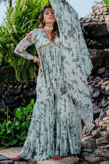 Buy_Redpine Designs_Blue Viscose, Georgette, Crepe Sequins, Vintage Floral Print Kurta And Sharara Set _Online_at_Aza_Fashions