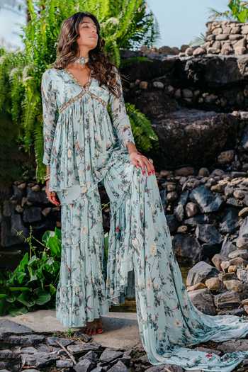 Redpine Designs_Blue Viscose, Georgette, Crepe Sequins, Vintage Floral Print Kurta And Sharara Set _at_Aza_Fashions