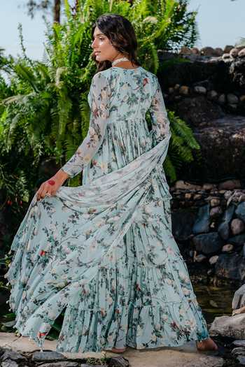Buy_Redpine Designs_Blue Viscose, Georgette, Crepe Sequins, Vintage Floral Print Kurta And Sharara Set 
