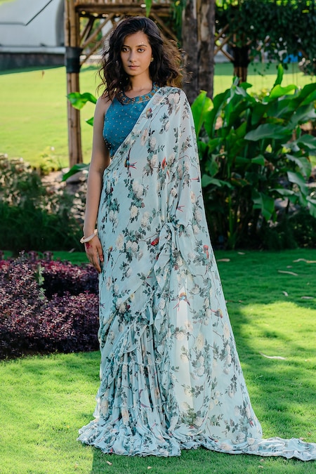 Powder Blue Printed Pant Saree Set Design by Chhavvi Aggarwal at Pernia's  Pop Up Shop 2024