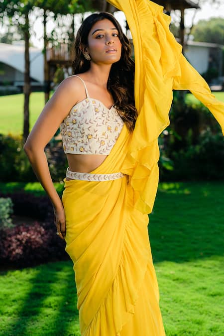Shop Redpine Designs Yellow Viscose, Georgette, Silk Sequins, Zari, Hand Saree And Blouse Set Online at Aza Fashions Shop_Redpine Designs_Yellow Viscose, Georgette, Silk Sequins, Zari, Hand Saree And Blouse Set _Online_at_Aza_Fashions