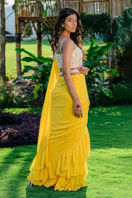 Redpine Designs Yellow Viscose, Georgette, Silk Sequins, Zari, Hand Saree And Blouse Set at Aza Fashions Redpine Designs_Yellow Viscose, Georgette, Silk Sequins, Zari, Hand Saree And Blouse Set _at_Aza_Fashions