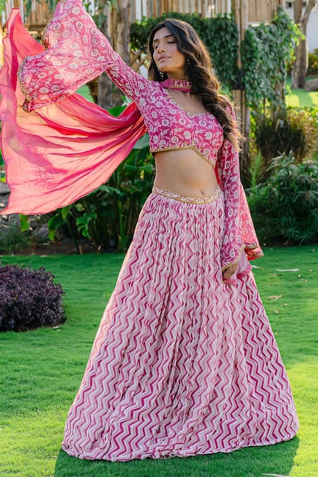 Buy_Redpine Designs_Purple Viscose, Georgette, Crepe Sequins, Embroidery Chevron Print Lehenga Set _Online_at_Aza_Fashions