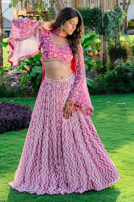 Redpine Designs_Purple Viscose, Georgette, Crepe Sequins, Embroidery Chevron Print Lehenga Set _at_Aza_Fashions