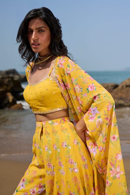 Lashkaraa Yellow Georgette Embroidery, Zari, Sequins Scoop Floral Jacket Sharara Set Online at Aza Fashions Lashkaraa_Yellow Georgette Embroidery, Zari, Sequins Scoop Floral Jacket Sharara Set _Online_at_Aza_Fashions