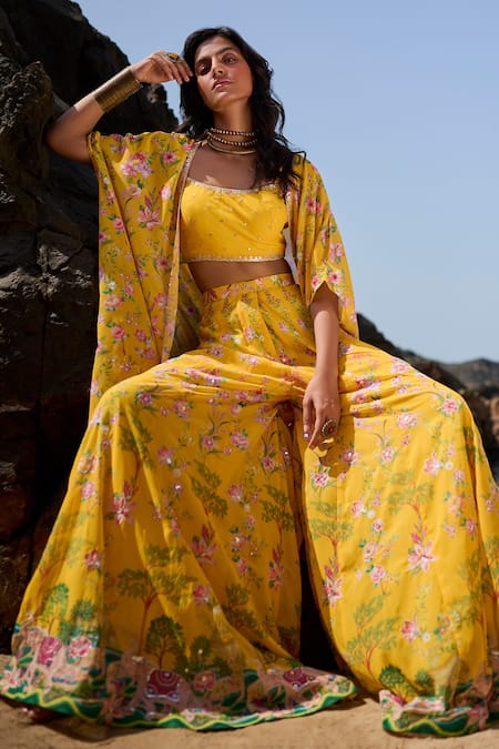 Buy Lashkaraa Yellow Georgette Embroidery, Zari, Sequins Scoop Floral Jacket Sharara Set Online at Aza Fashions Buy_Lashkaraa_Yellow Georgette Embroidery, Zari, Sequins Scoop Floral Jacket Sharara Set _Online_at_Aza_Fashions