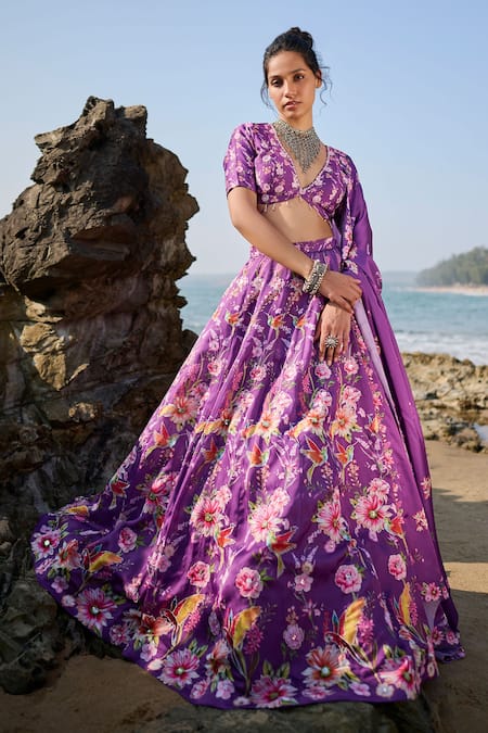 Lashkaraa_Purple Satin, Georgette Embroidery, Crystals Plunge Floral Print Lehenga Set_Online_at_Aza_Fashions