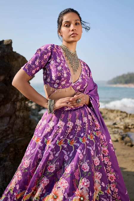 Buy_Lashkaraa_Purple Satin, Georgette Embroidery, Crystals Plunge Floral Print Lehenga Set_Online_at_Aza_Fashions