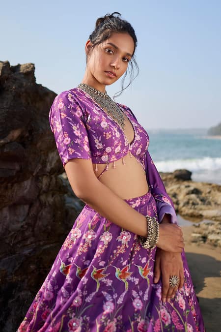 Shop_Lashkaraa_Purple Satin, Georgette Embroidery, Crystals Plunge Floral Print Lehenga Set_Online_at_Aza_Fashions